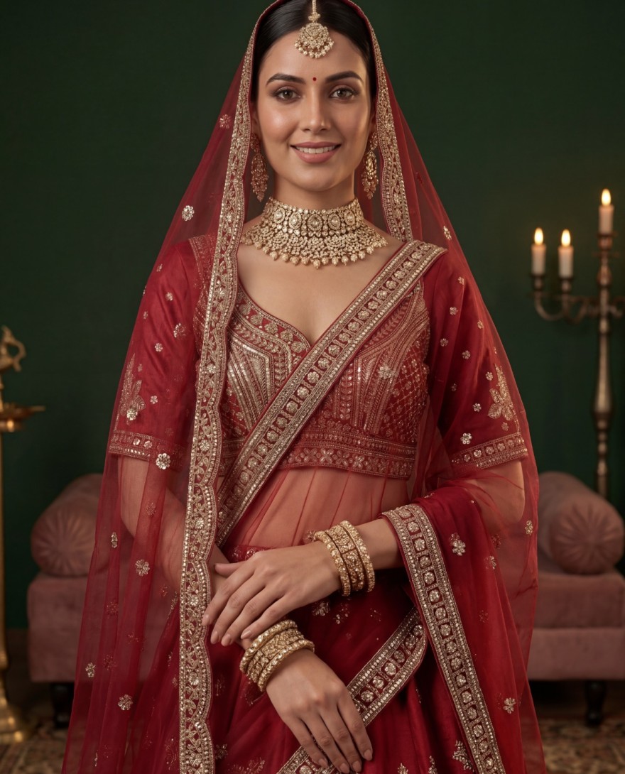 RED - Appealing Red Bead Work Silk Bridal Lehenga Choli With Double Dupatta