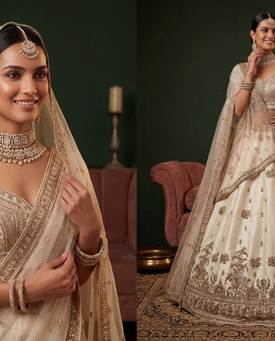 WHITE - Ravishing Off White Sequins Silk Bridal Lehenga Choli With Double Dupatta