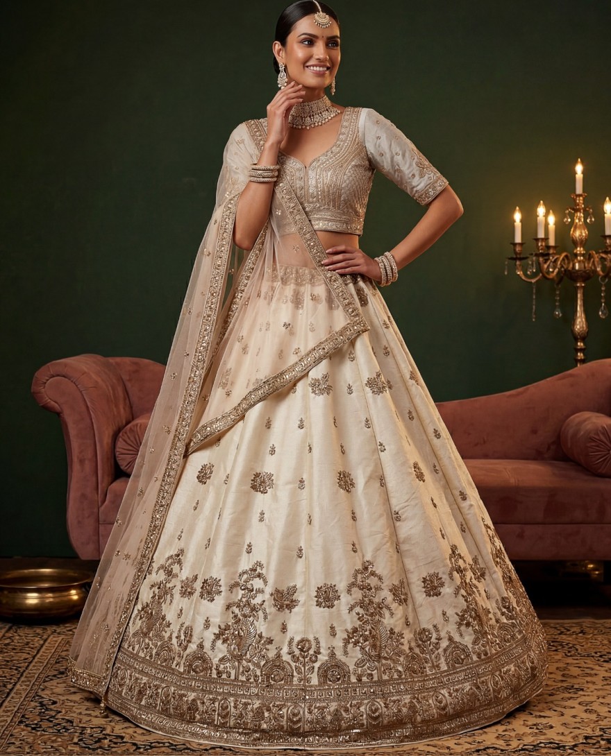 WHITE - Ravishing Off White Sequins Silk Bridal Lehenga Choli With Double Dupatta