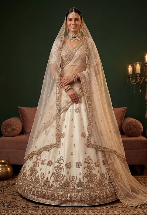 Ravishing Off White Sequins Silk Bridal Lehenga Choli With Double Dupatta