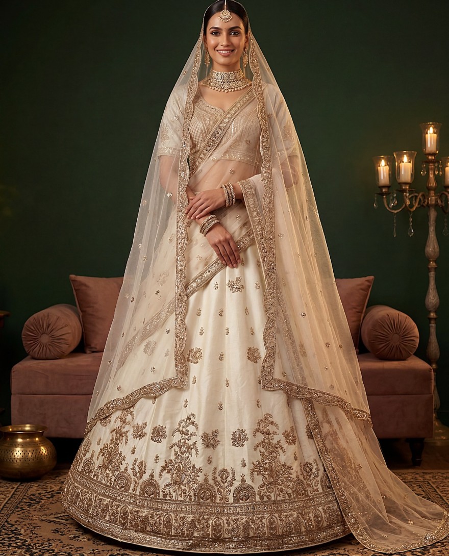 WHITE - Ravishing Off White Sequins Silk Bridal Lehenga Choli With Double Dupatta