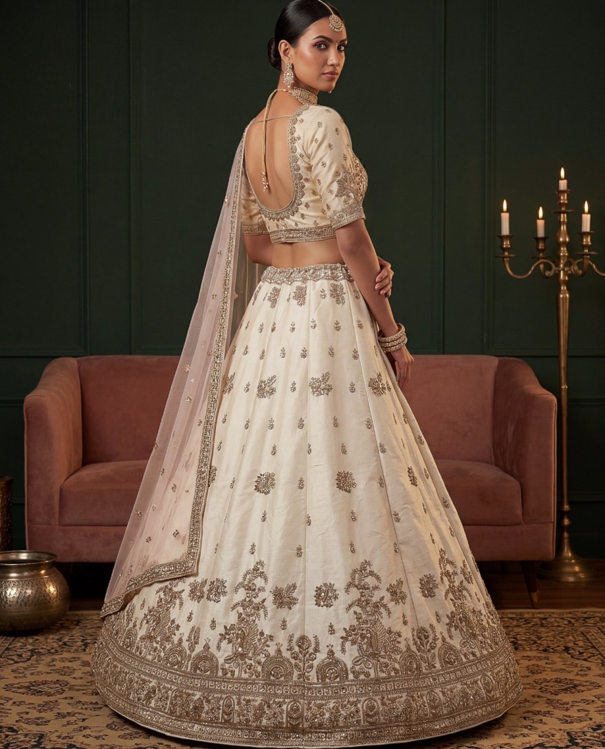 WHITE - Ravishing Off White Sequins Silk Bridal Lehenga Choli With Double Dupatta