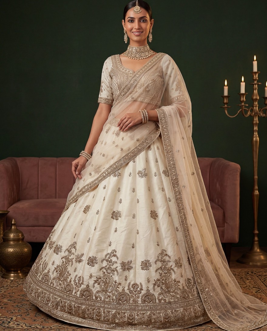 WHITE - Ravishing Off White Sequins Silk Bridal Lehenga Choli With Double Dupatta