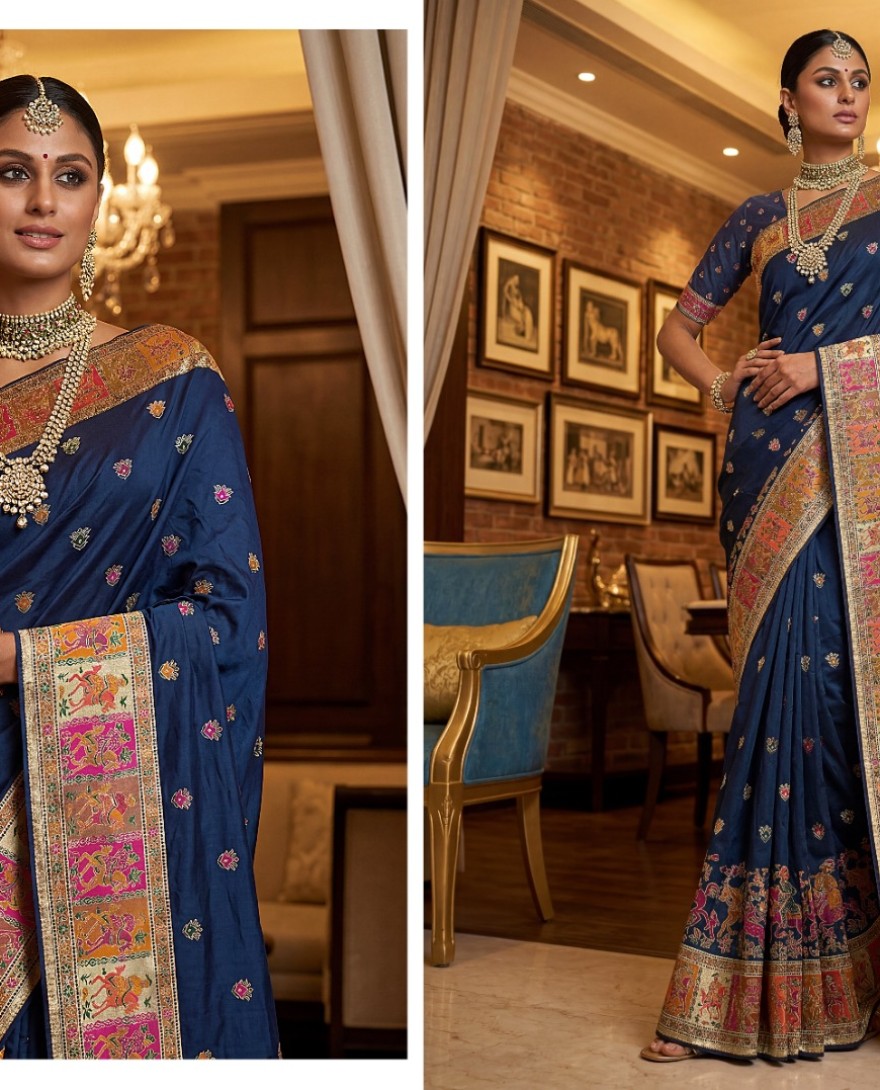 BLUE - Marvelous Navy Blue Zari Work Pashmina Silk Saree With Blouse