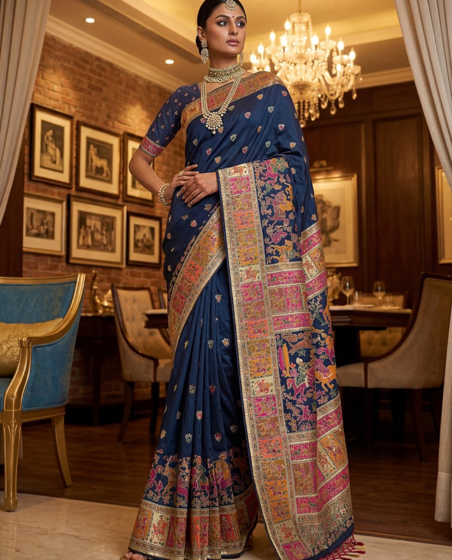 BLUE - Marvelous Navy Blue Zari Work Pashmina Silk Saree With Blouse