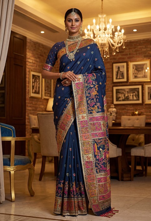 Marvelous Navy Blue Zari Work Pashmina Silk Saree With Blouse