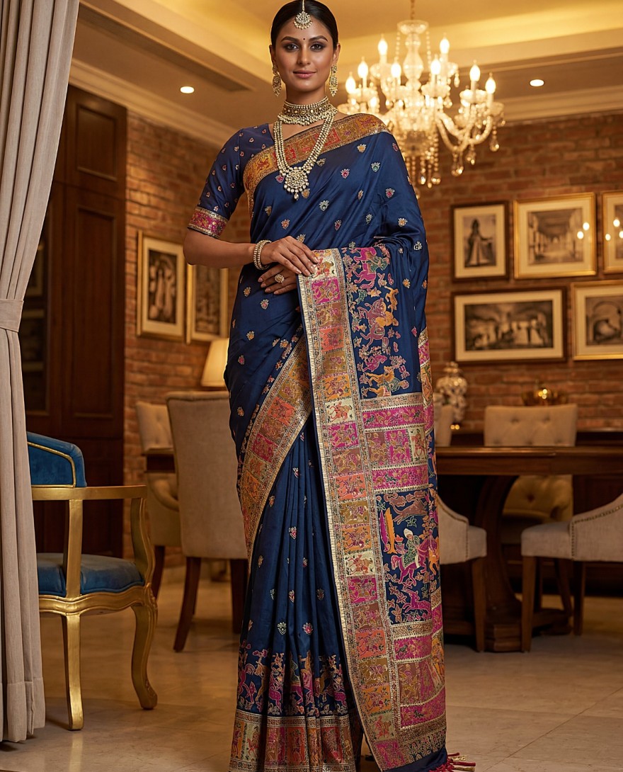 BLUE - Marvelous Navy Blue Zari Work Pashmina Silk Saree With Blouse