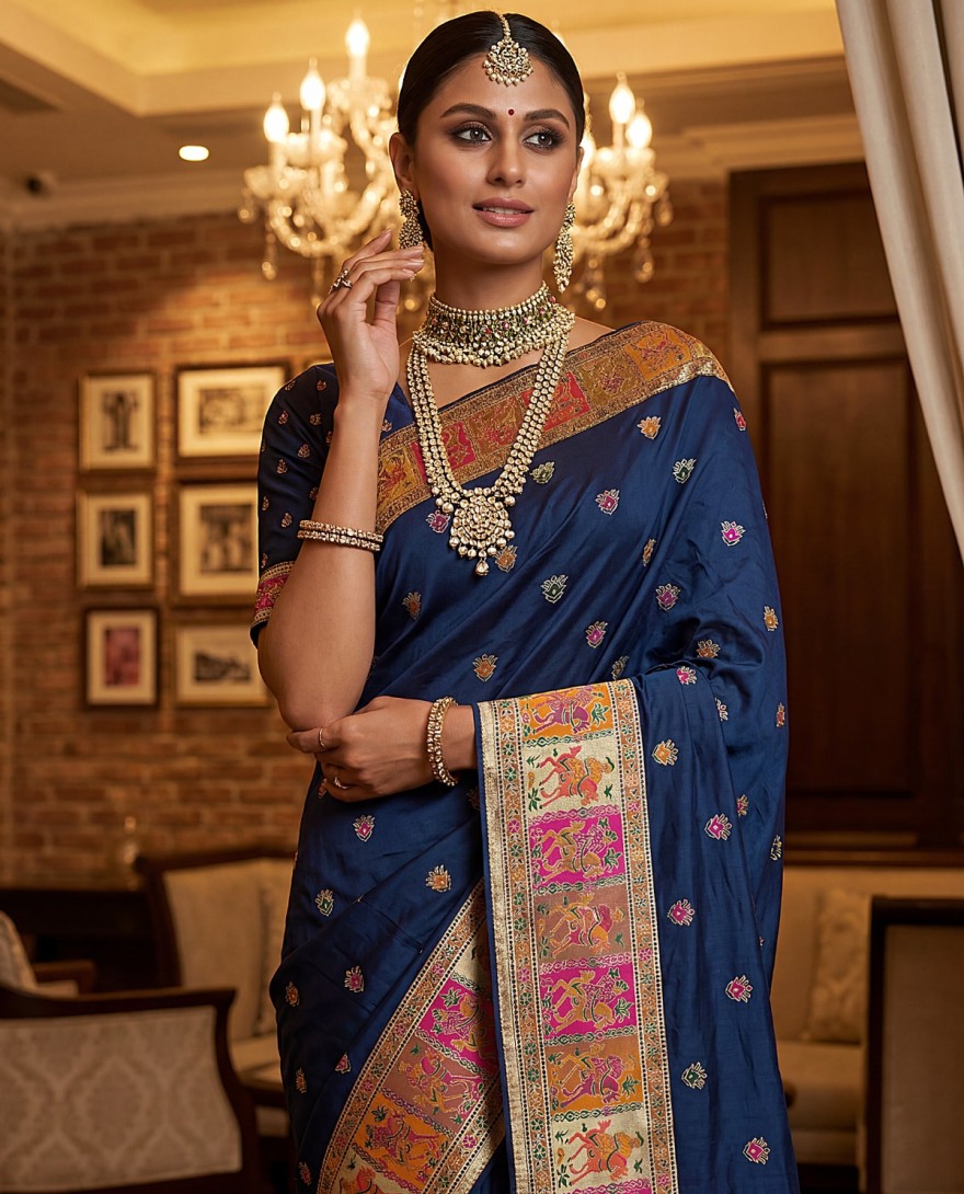 BLUE - Marvelous Navy Blue Zari Work Pashmina Silk Saree With Blouse