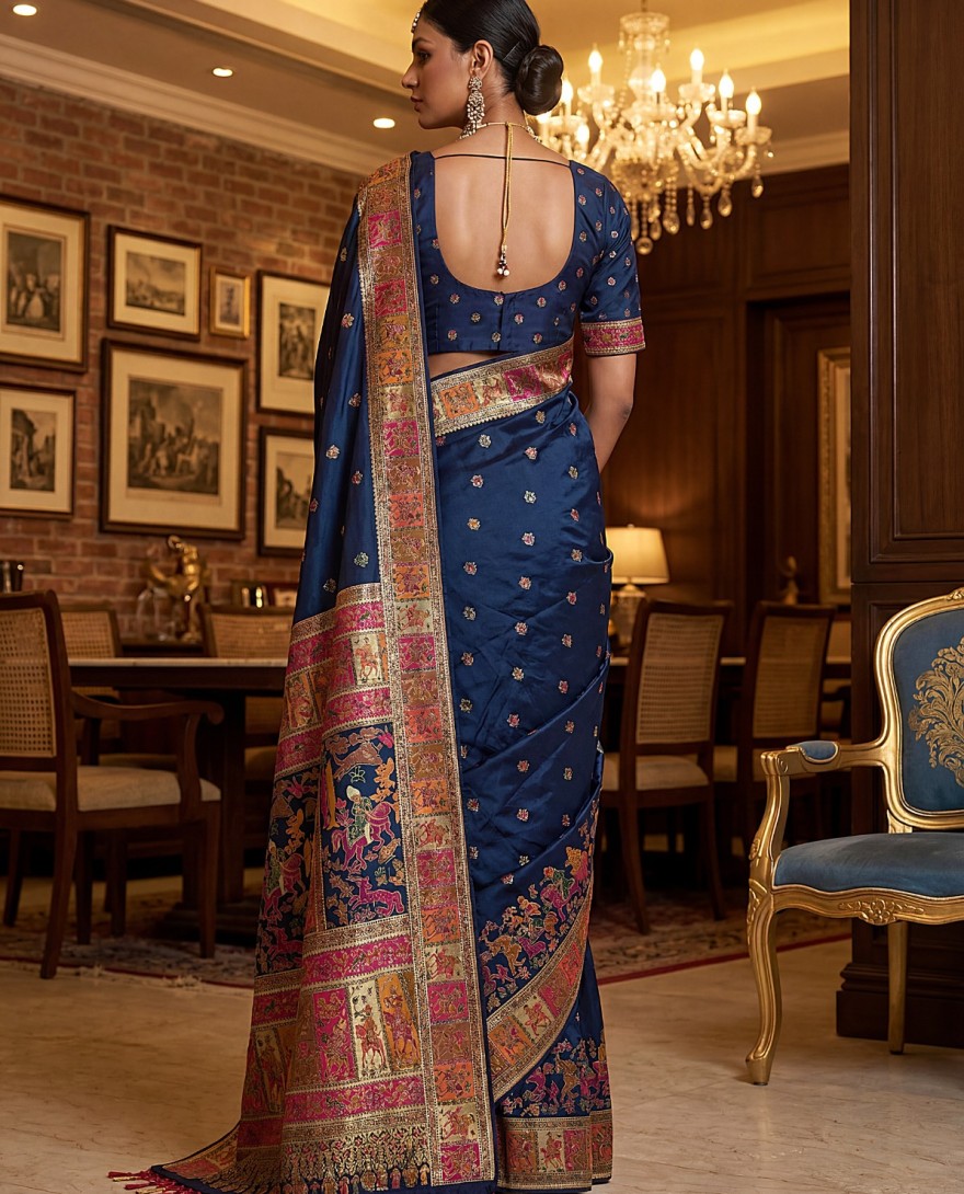 BLUE - Marvelous Navy Blue Zari Work Pashmina Silk Saree With Blouse