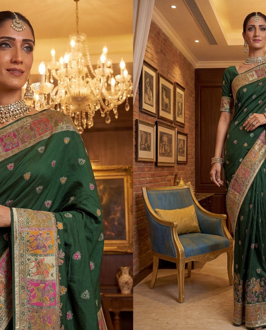 GREEN - Astonishing Bottle Green Zari Work Pashmina Mehendi Wear Saree With Blouse