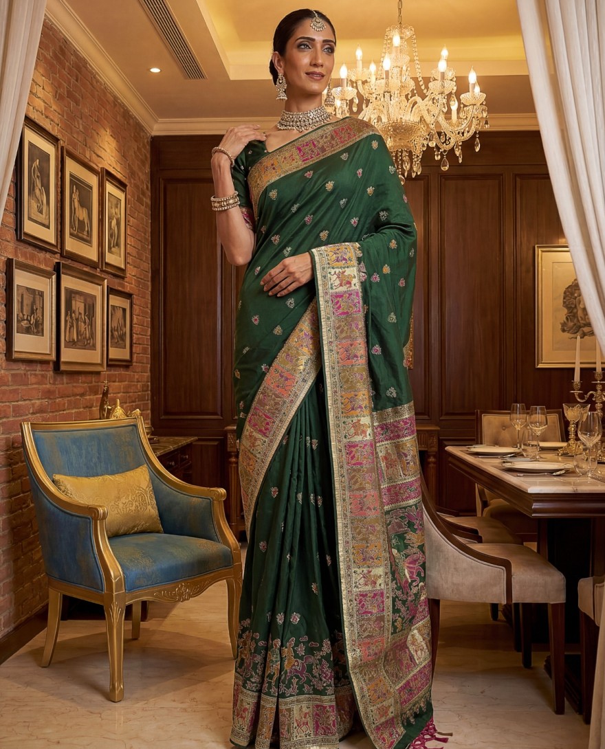 GREEN - Astonishing Bottle Green Zari Work Pashmina Mehendi Wear Saree With Blouse