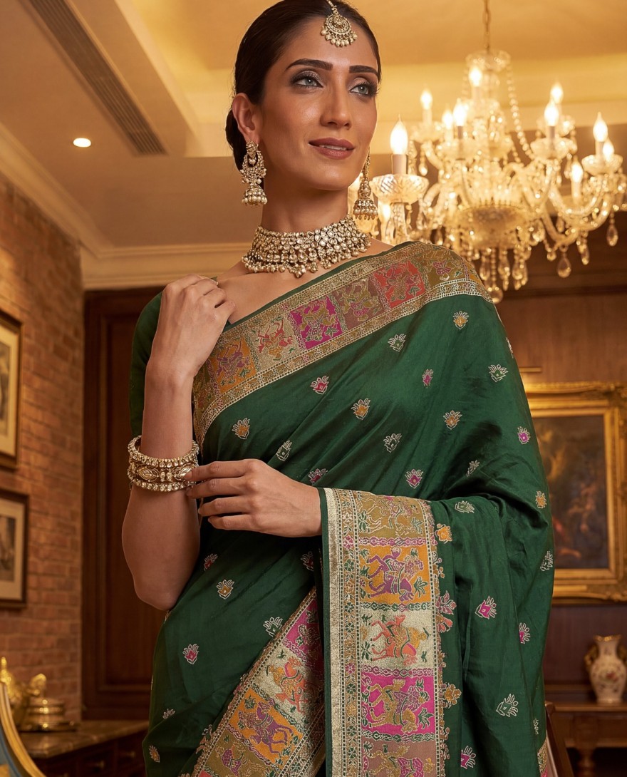 GREEN - Astonishing Bottle Green Zari Work Pashmina Mehendi Wear Saree With Blouse