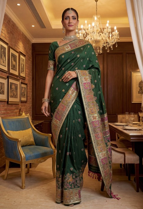 Astonishing Bottle Green Zari Work Pashmina Mehendi Wear Saree With Blouse