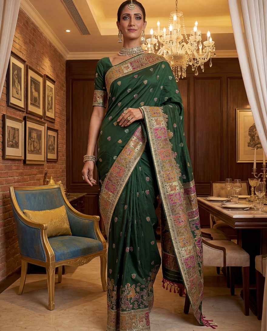 GREEN - Astonishing Bottle Green Zari Work Pashmina Mehendi Wear Saree With Blouse