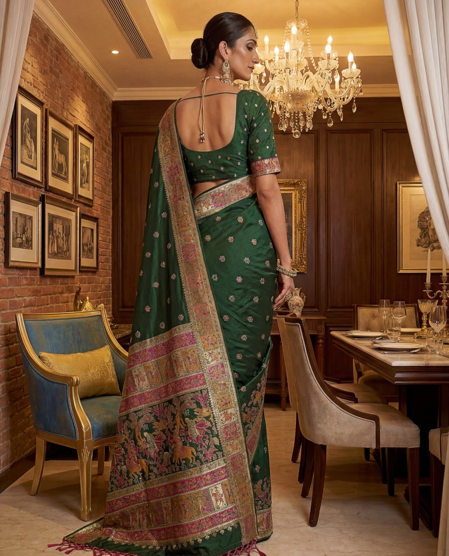 GREEN - Astonishing Bottle Green Zari Work Pashmina Mehendi Wear Saree With Blouse