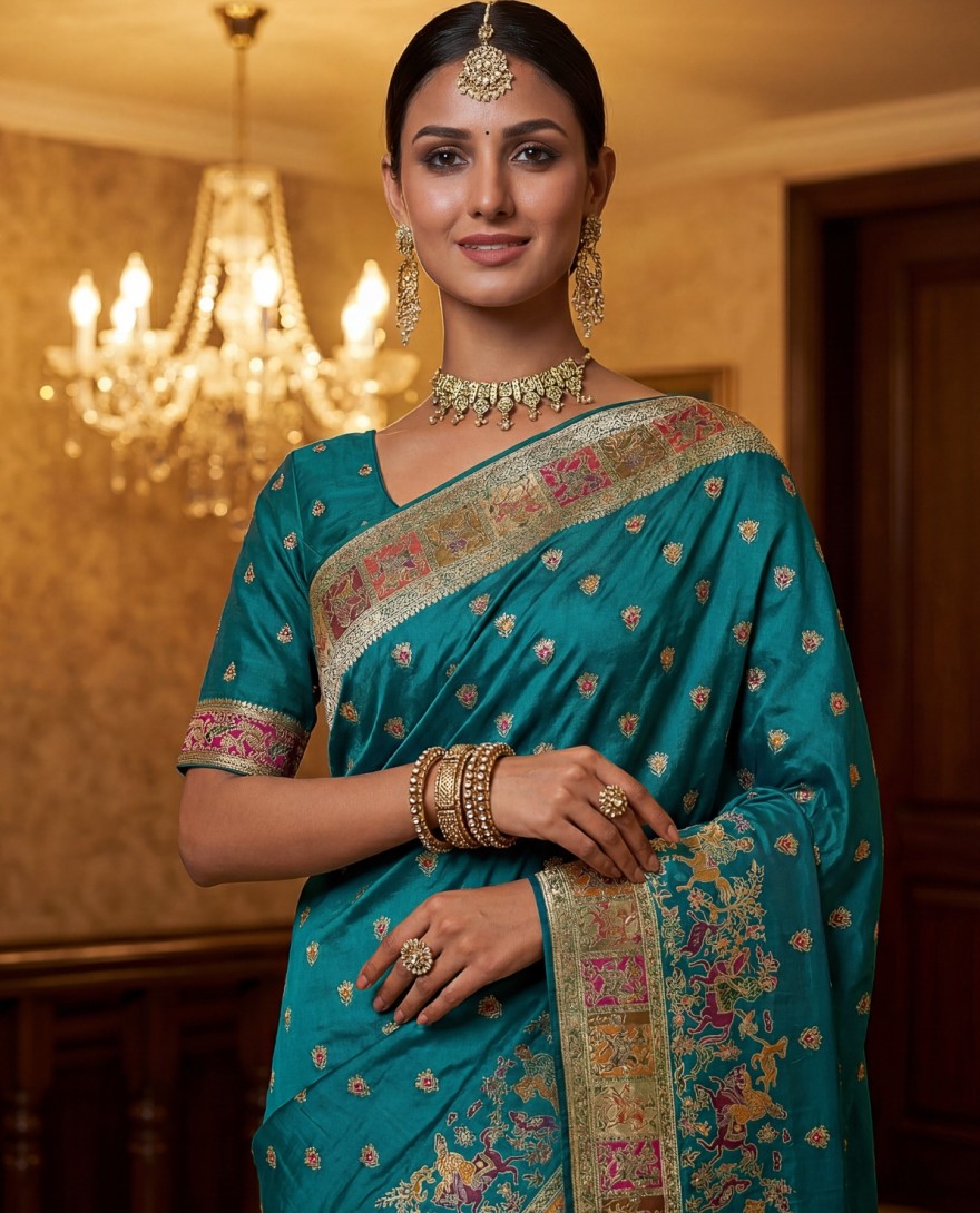 BLUE - Lovely Teal Blue Zari Work Pashmina Reception Wear Saree With Blouse