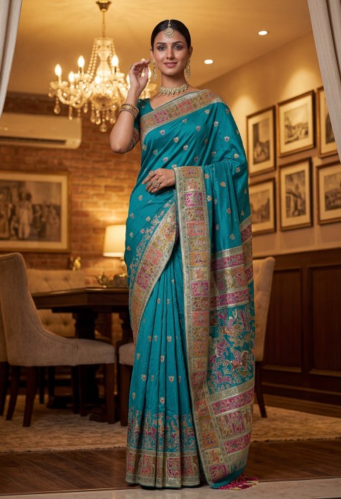 Lovely Teal Blue Zari Work Pashmina Reception Wear Saree With Blouse