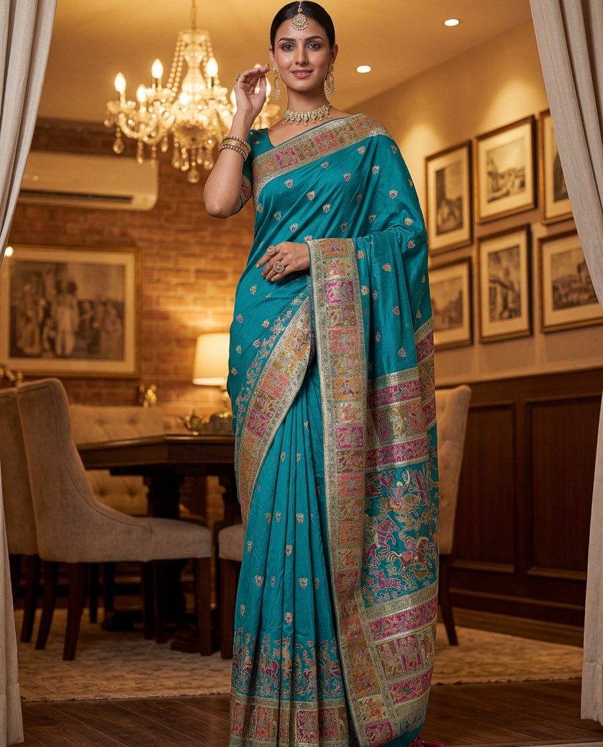 BLUE - Lovely Teal Blue Zari Work Pashmina Reception Wear Saree With Blouse