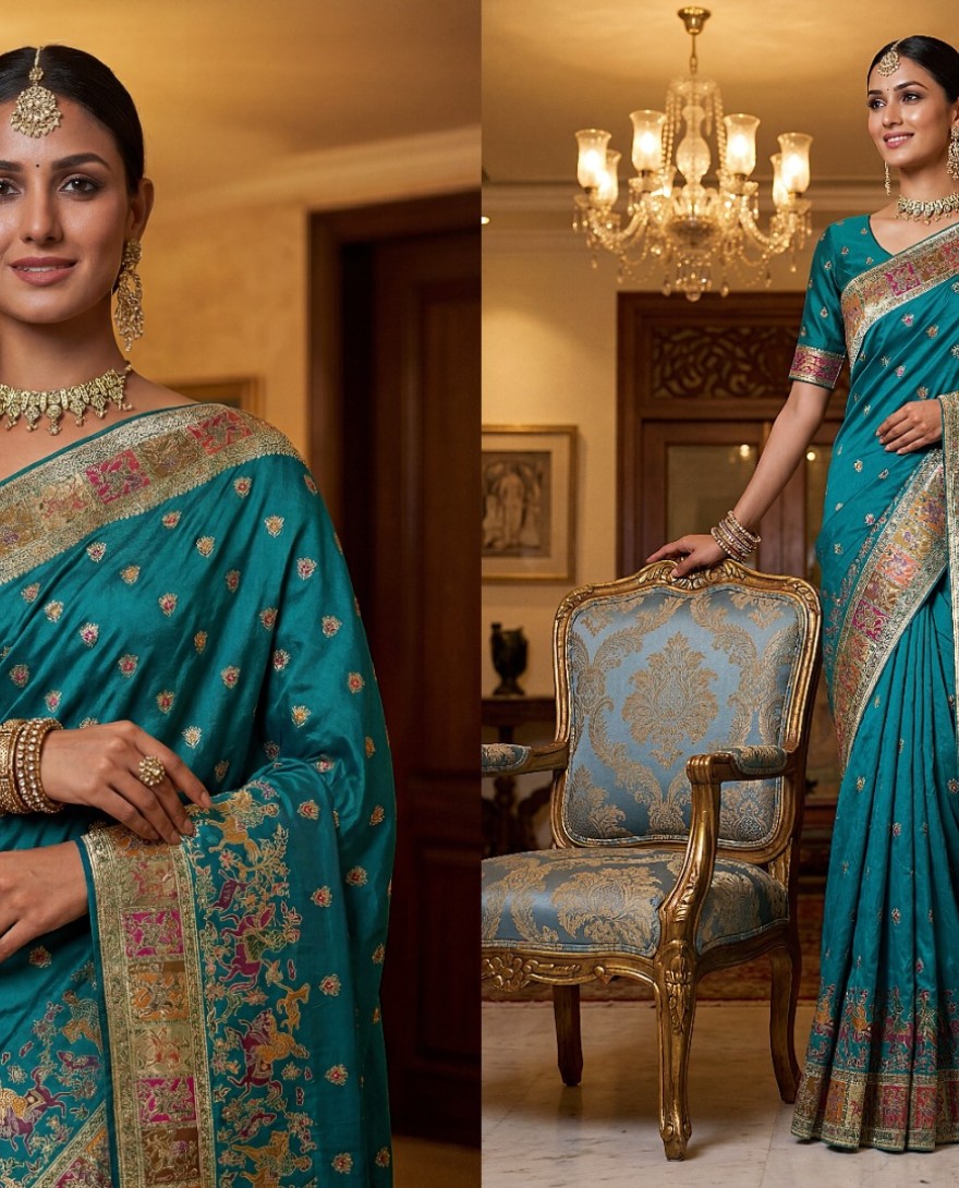 BLUE - Lovely Teal Blue Zari Work Pashmina Reception Wear Saree With Blouse