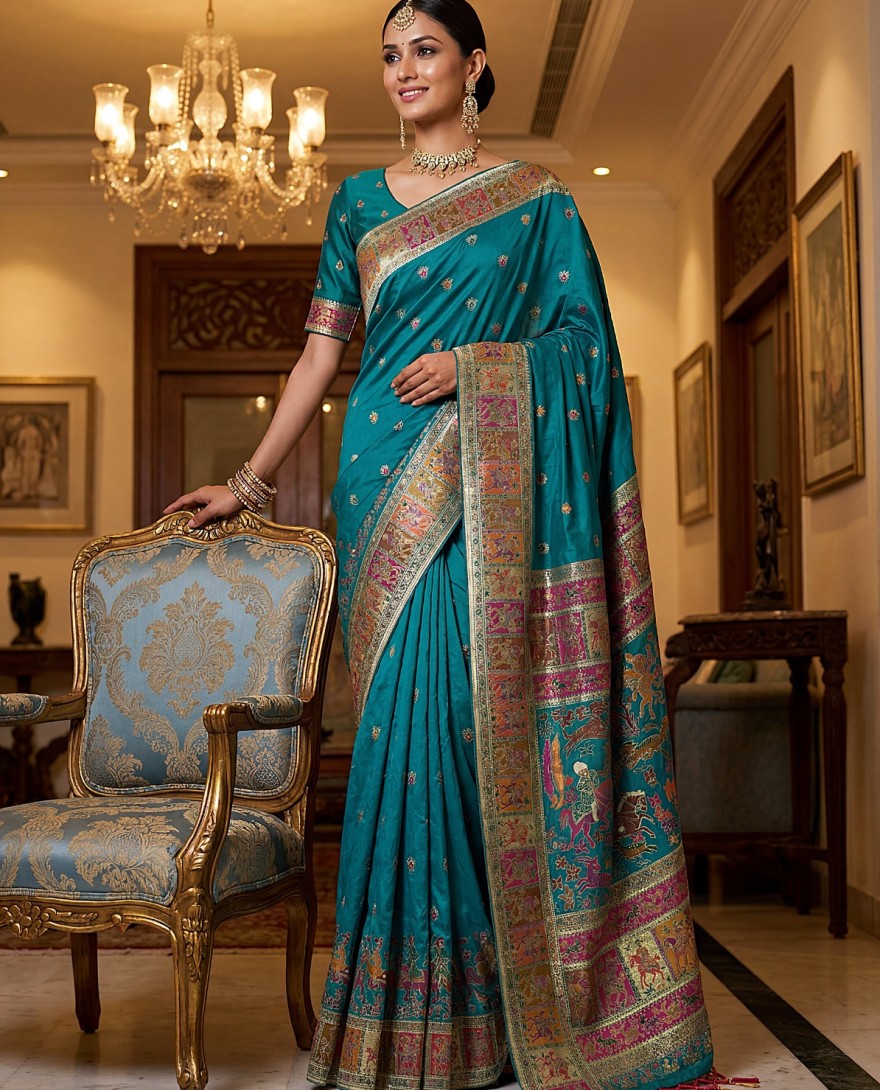 BLUE - Lovely Teal Blue Zari Work Pashmina Reception Wear Saree With Blouse