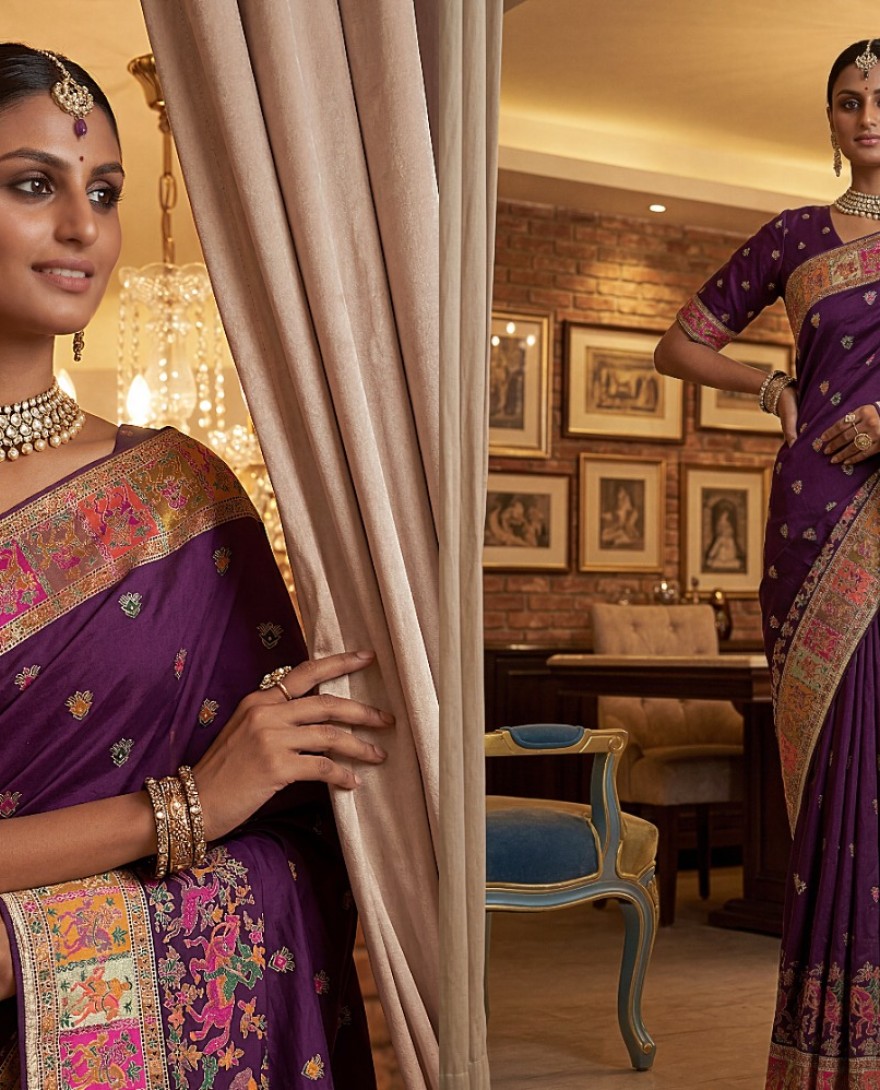 PURPLE - Superb Purple Zari Work Pashmina Wedding Wear Saree With Blouse