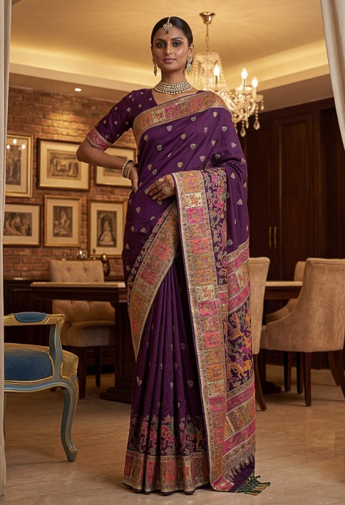 Superb Purple Zari Work Pashmina Wedding Wear Saree With Blouse