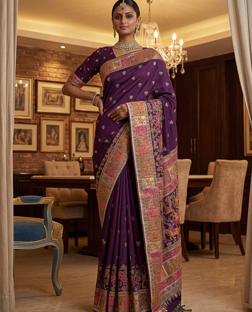 PURPLE - Superb Purple Zari Work Pashmina Wedding Wear Saree With Blouse
