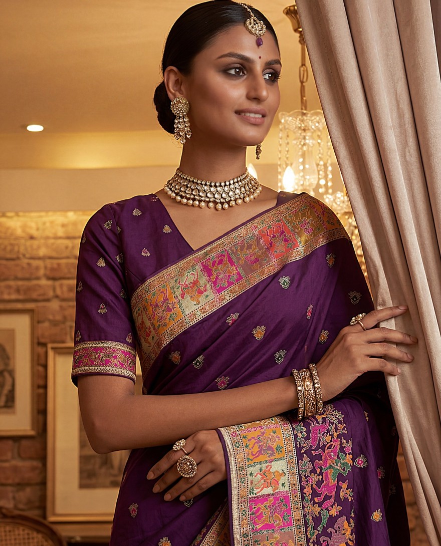 PURPLE - Superb Purple Zari Work Pashmina Wedding Wear Saree With Blouse