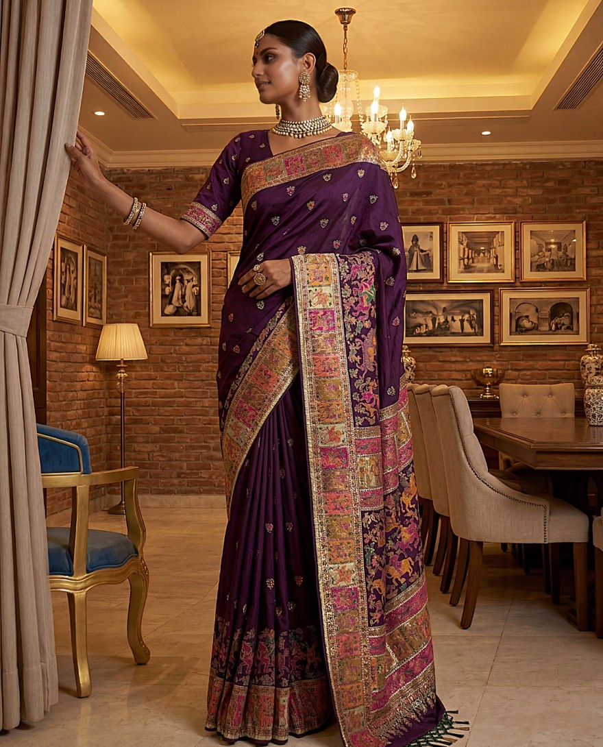 PURPLE - Superb Purple Zari Work Pashmina Wedding Wear Saree With Blouse