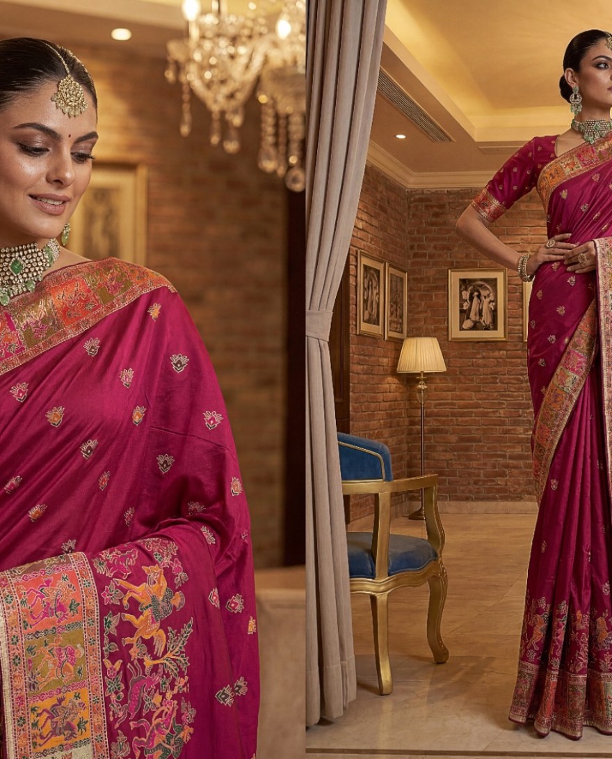 RANIPINK - Dreamy Rani Pink Zari Work Pashmina Silk Engagement Wear Saree With Blouse