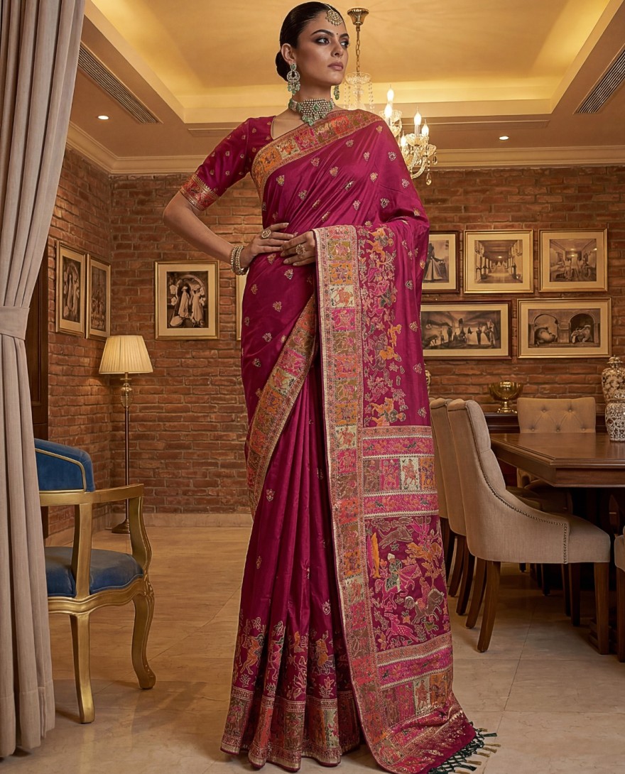 RANIPINK - Dreamy Rani Pink Zari Work Pashmina Silk Engagement Wear Saree With Blouse