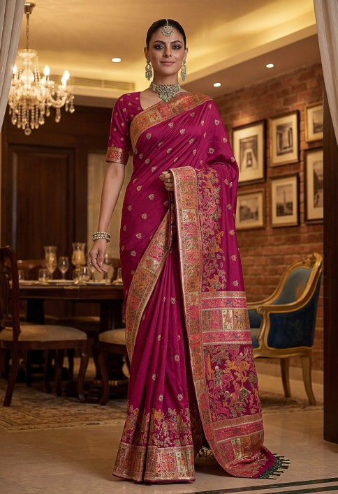 Dreamy Rani Pink Zari Work Pashmina Silk Engagement Wear Saree With Blouse