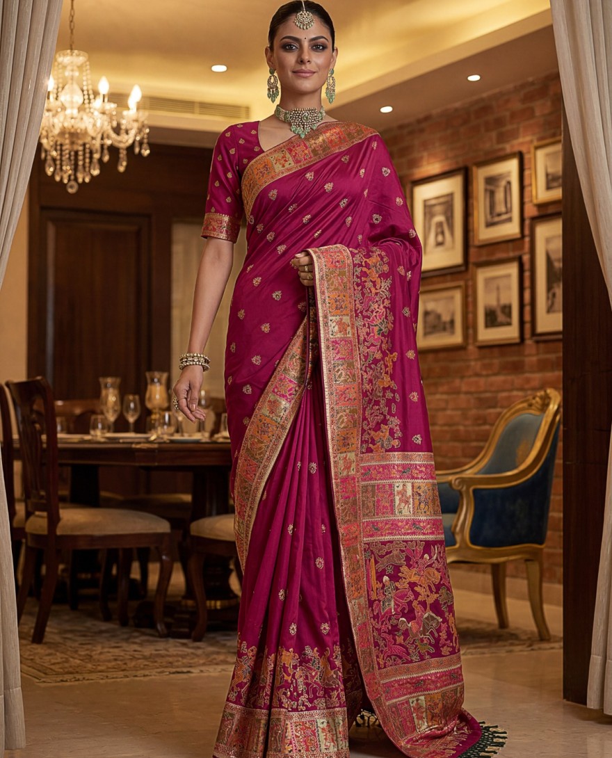 RANIPINK - Dreamy Rani Pink Zari Work Pashmina Silk Engagement Wear Saree With Blouse