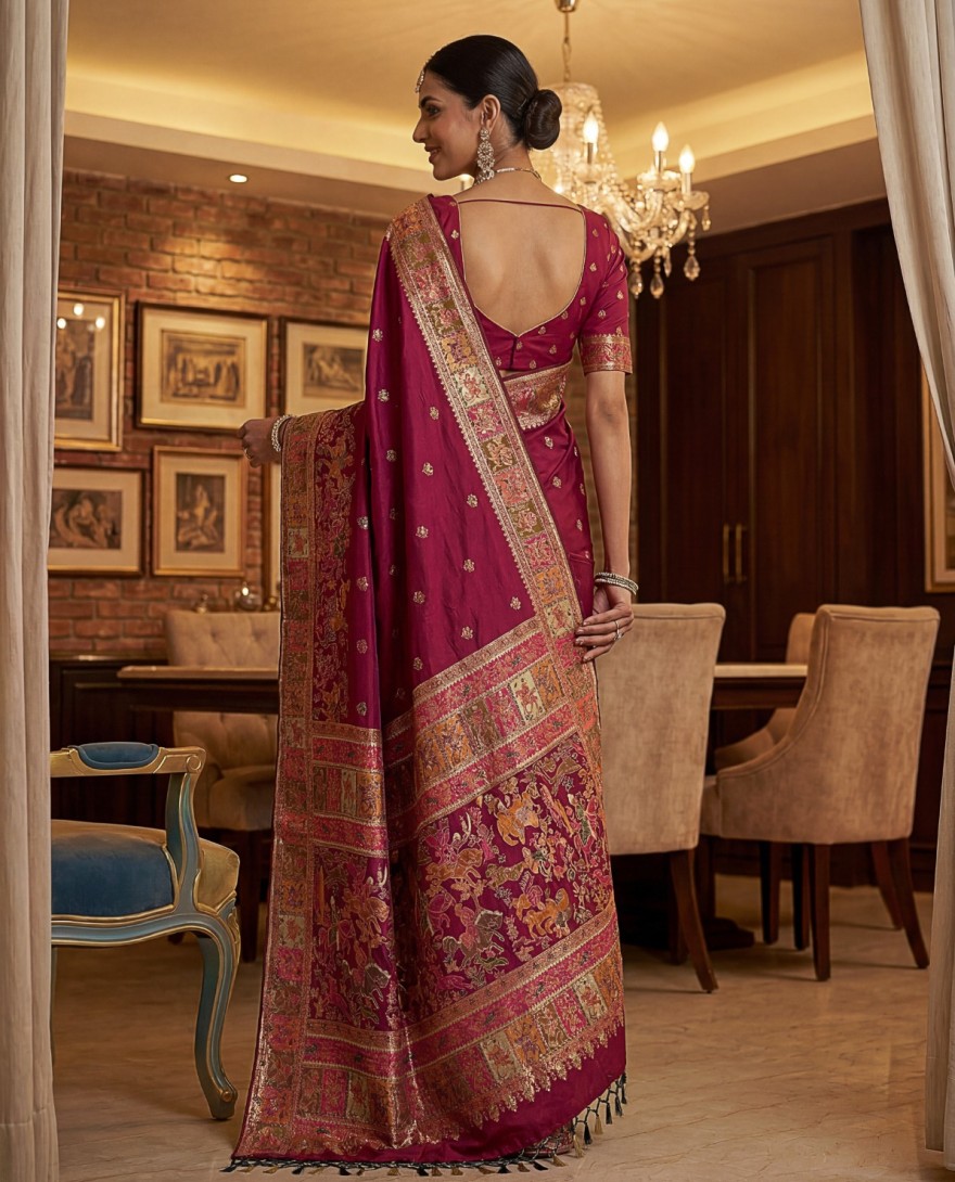 RANIPINK - Dreamy Rani Pink Zari Work Pashmina Silk Engagement Wear Saree With Blouse