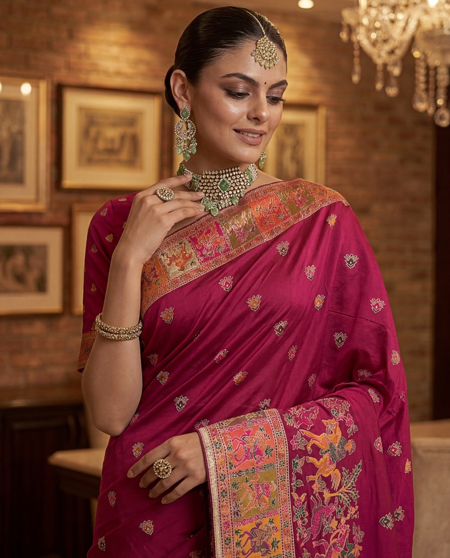 RANIPINK - Dreamy Rani Pink Zari Work Pashmina Silk Engagement Wear Saree With Blouse