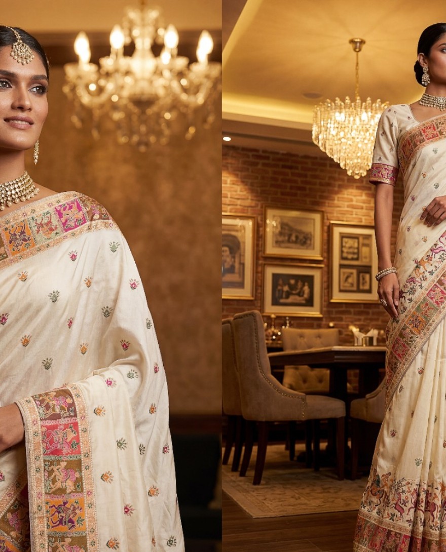 WHITE - Excellent Cream Zari Work Pashmina Silk Festive Wear Saree With Blouse