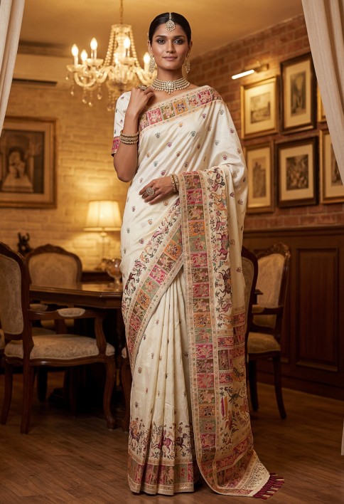 Excellent Cream Zari Work Pashmina Silk Festive Wear Saree With Blouse