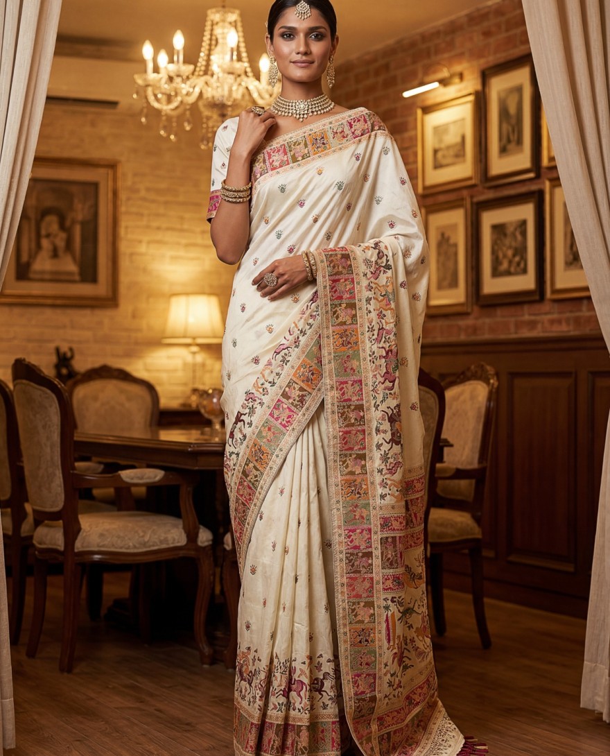 WHITE - Excellent Cream Zari Work Pashmina Silk Festive Wear Saree With Blouse