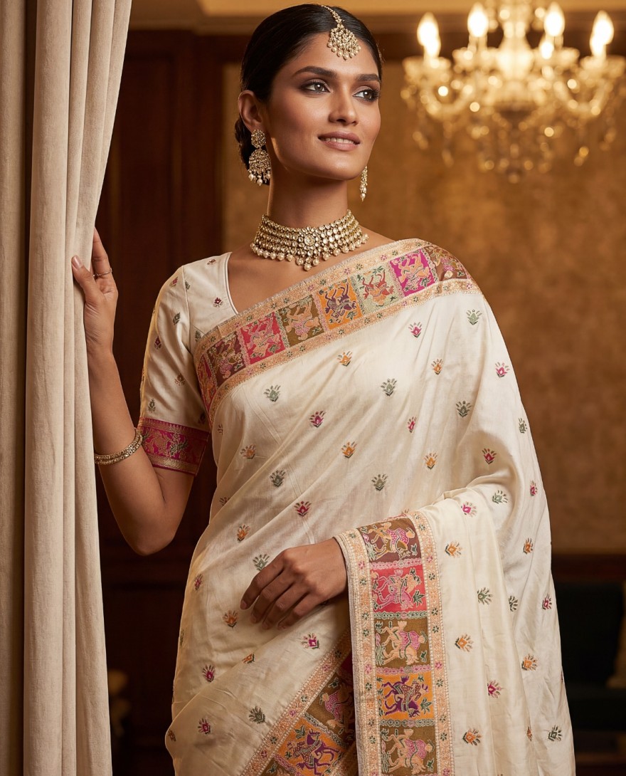 WHITE - Excellent Cream Zari Work Pashmina Silk Festive Wear Saree With Blouse