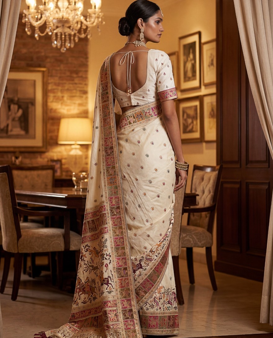 WHITE - Excellent Cream Zari Work Pashmina Silk Festive Wear Saree With Blouse