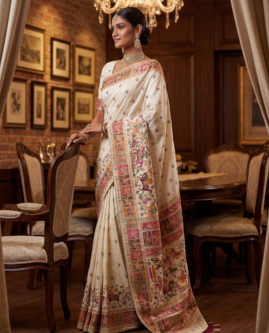 WHITE - Excellent Cream Zari Work Pashmina Silk Festive Wear Saree With Blouse