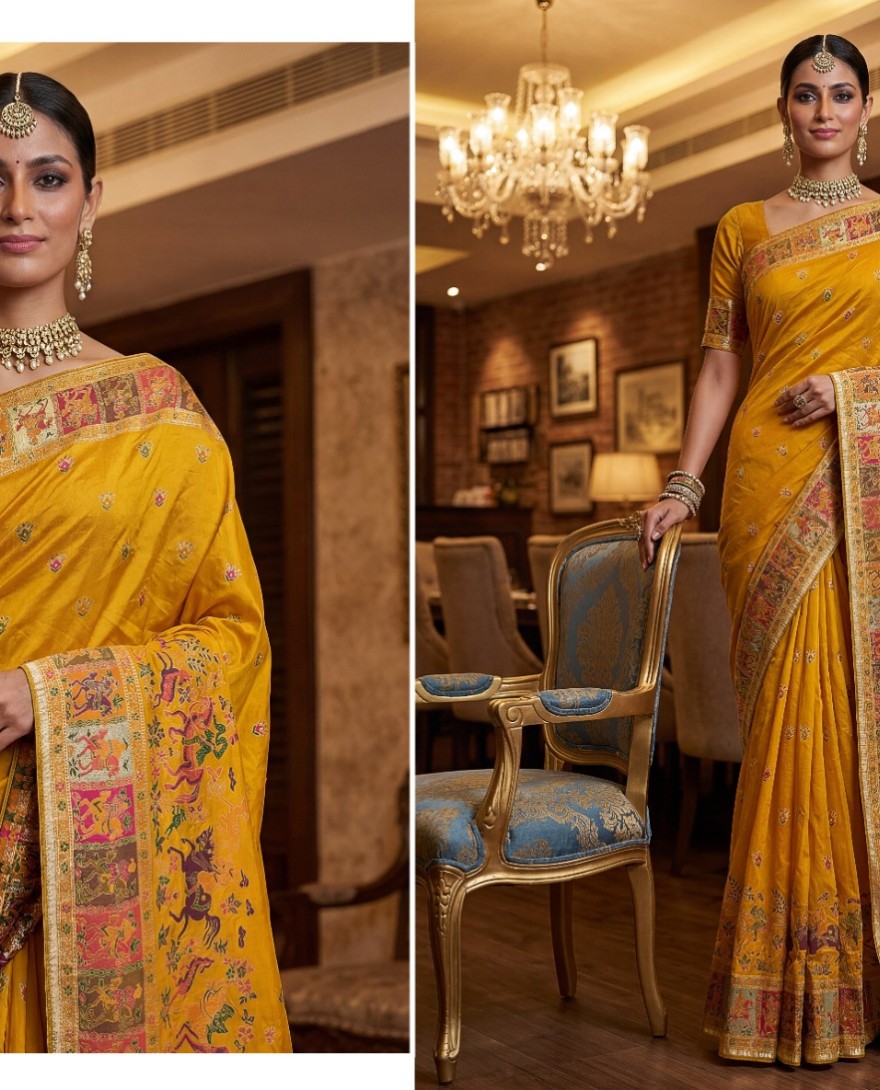 MUSTARD - Exclusive Mustard Yellow Zari Work Pashmina Silk Haldi Wear Saree With Blouse