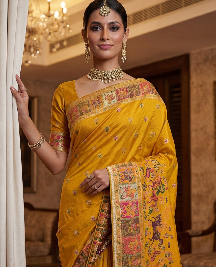 MUSTARD - Exclusive Mustard Yellow Zari Work Pashmina Silk Haldi Wear Saree With Blouse