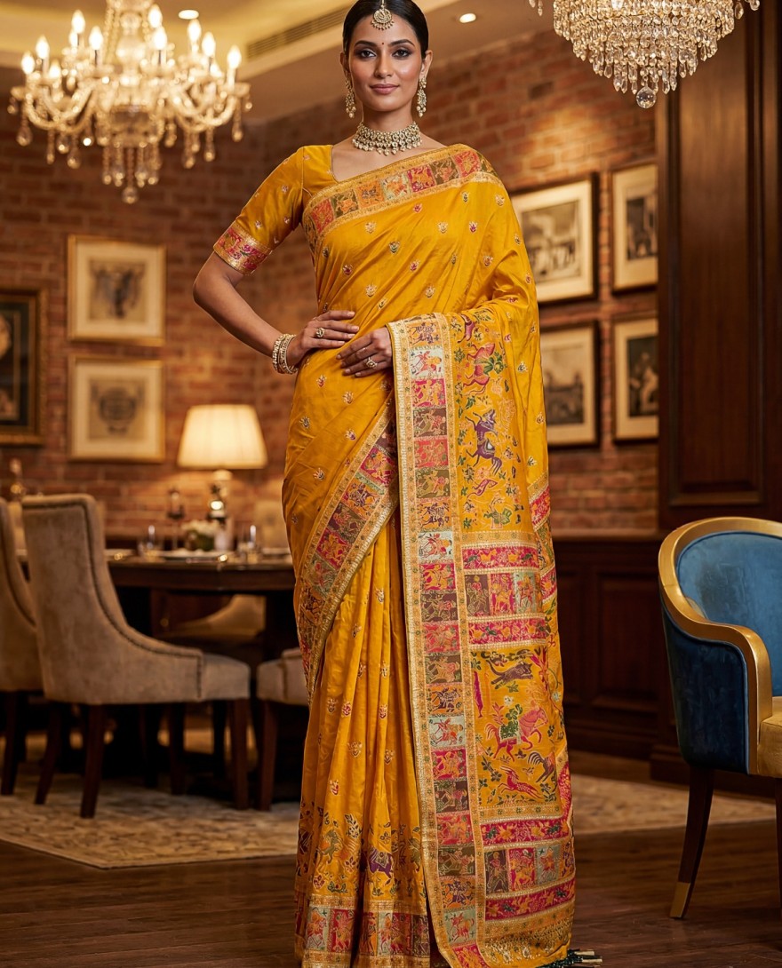 MUSTARD - Exclusive Mustard Yellow Zari Work Pashmina Silk Haldi Wear Saree With Blouse