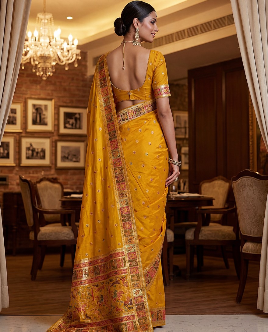 MUSTARD - Exclusive Mustard Yellow Zari Work Pashmina Silk Haldi Wear Saree With Blouse