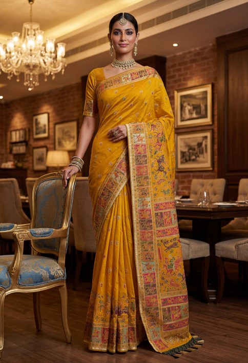 Exclusive Mustard Yellow Zari Work Pashmina Silk Haldi Wear Saree With Blouse