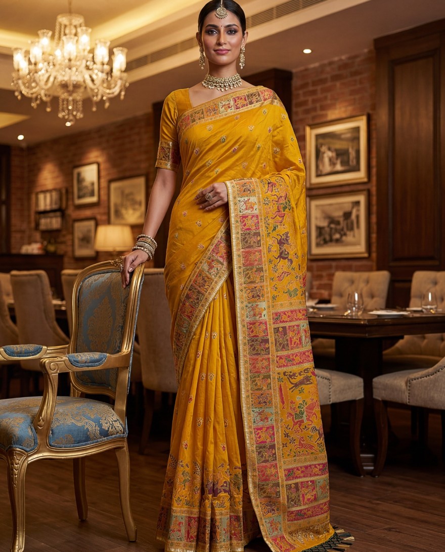 MUSTARD - Exclusive Mustard Yellow Zari Work Pashmina Silk Haldi Wear Saree With Blouse