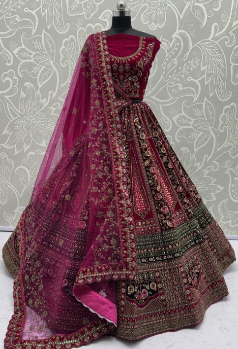 Double Maroon dupatta combined With excellent flower Embroidery and Hand crafted mirror work designed Bridal Lehenga choli 