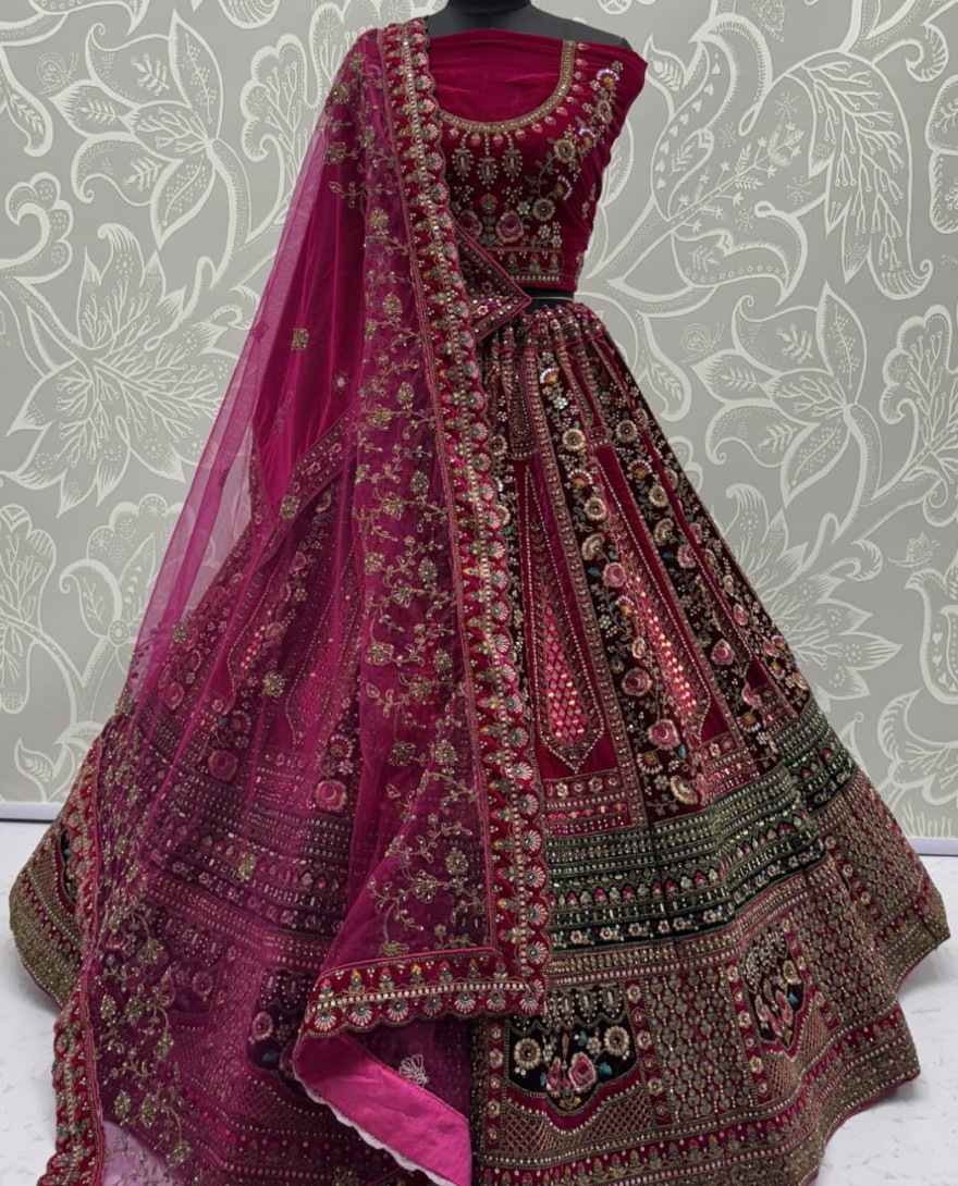 2878-maroon - Double Maroon dupatta combined With excellent flower Embroidery and Hand crafted mirror work designed Bridal Lehenga choli 