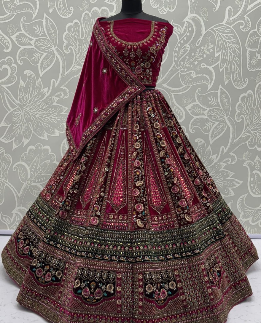 2878-maroon - Double Maroon dupatta combined With excellent flower Embroidery and Hand crafted mirror work designed Bridal Lehenga choli 